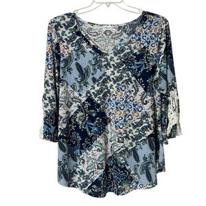 Stem & Vine Blue Paisley 3/4‎ Sleeves Crochet Lace Womens XL Pullover Blouse